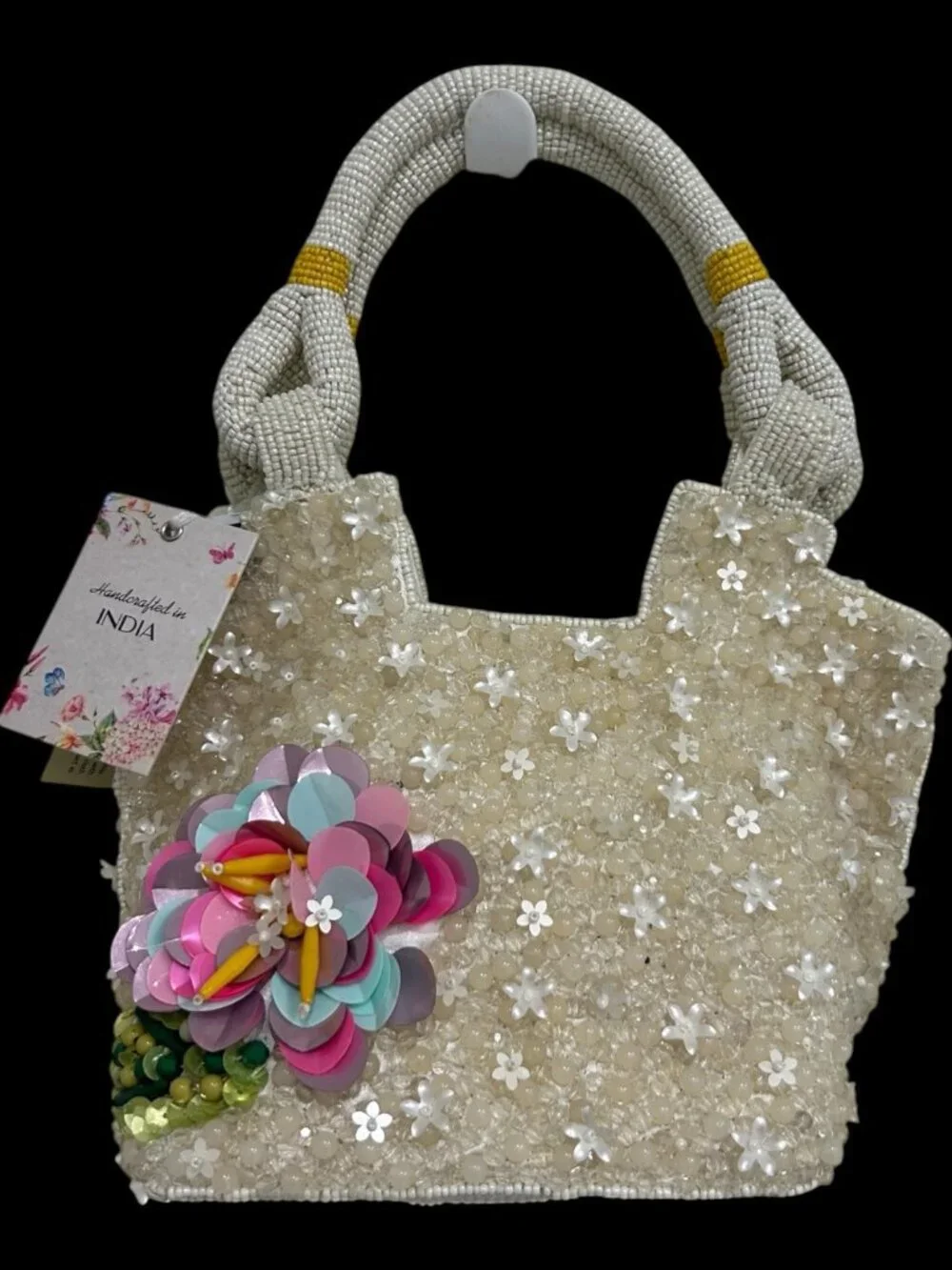 Beaded Bag Large 3D Sequin Flower Top Handle Made in India New Release NWT - Picture 3 of 4
